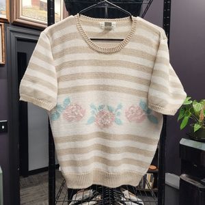 VINTAGE THE PETITE CONCEPT By DEVON  Rose Striped Short Sleeve Sweater MP